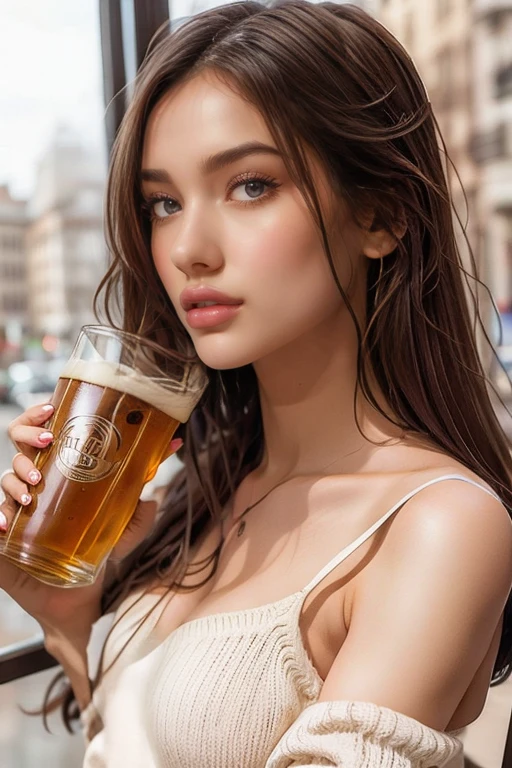 woman holding a glass of beer in front of a store, she wears Harry Potter glasses, holding a butterbeer, holding a mug of beer, 40 years old, drinking a Harry Potter butterbeer, 40 years old.
The woman is wearing a white tank top.
A beautiful Brazilian woman, with white skin, dark brown hair. She is around 40 years old, 165 cm tall and weighs 56 kg. Her body exudes glamor and her face is a definition of beauty. Slender body, thin waist. Highly realistic, hyperrealism, very elaborate skin. Clear photo, high resolution, high quality, masterpiece, 16K photo, high contrast, masterpiece, NUDE, NUDITY, NFSW.