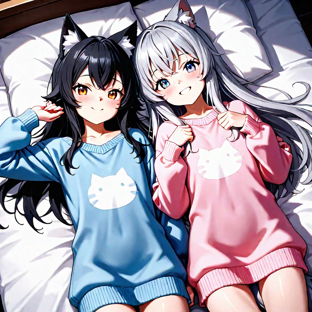 4+ Filles, poils multicolores, doux, Cute Neko with puffy hair wearing a loose, fuzzy sweater, Adorable, a des crocs de chat et un air rougissant sur son visage, Argent, chat noir