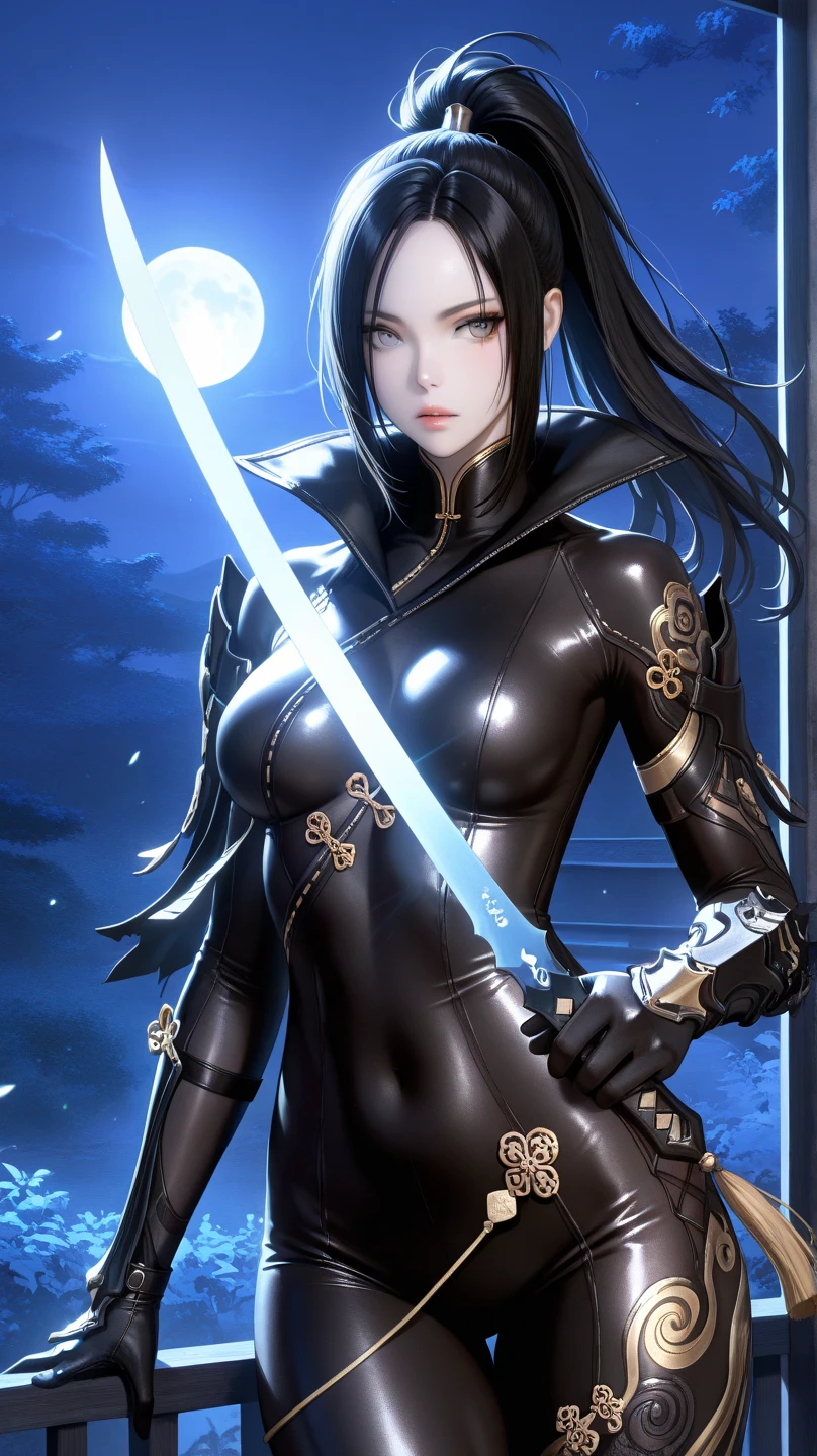 Masterpiece, highest quality resolution,5000 dpi image,high quality image,1girl,solo, beautiful face,masterpiece,hdr,high resolution,best quality,masterpiece,studio light,professional,high resolution,best quality,HDR,Light, floating, holding a sword with black and white aura, blue eyes, long black hair, cleavage, galaxy background,