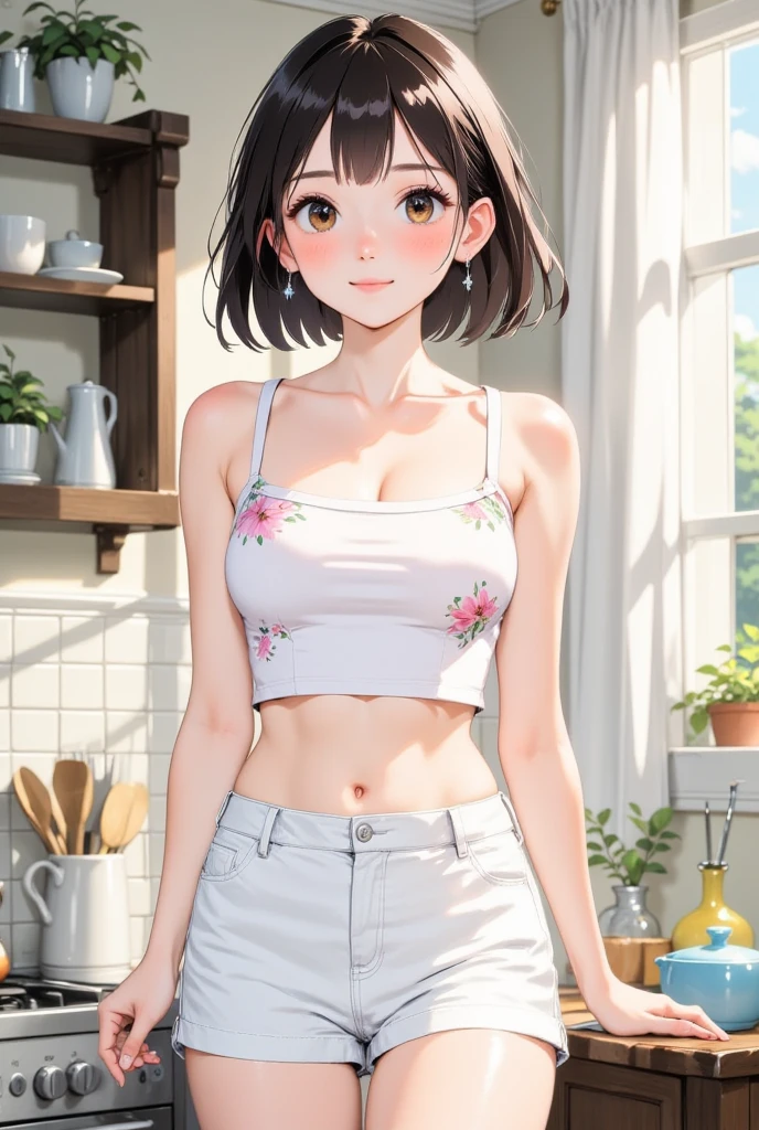 Create a picture of the daily routine of the same Korean girl wearing white shorts with a white tank top with flowers and black hair while she is at home and gets up and goes to the kitchen.anime has a width of 1:1.