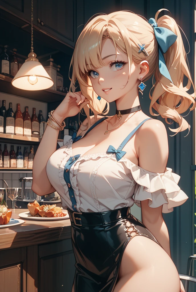 (masterpiece, best quality), 1girl, blonde hair, pink eyes, head tilt, nose blush, across table pov, ????????????, sweater vest, burberry print, necklaces, bracelets, ???? arms, food, steak, romantic lighting, champagne glass, detailed face and eyes, restaurant, (2heads:1.5)