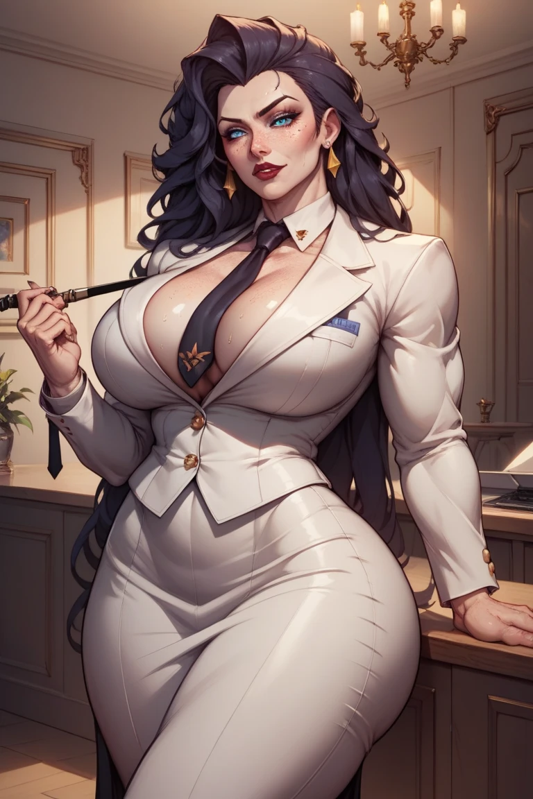 pale skin ((1 girl)) ((((muscular)))), ((huge tits)) ((thick thighs)) ((wide hips)) ((toned body)) ((curvy)) (thick thighs)) (pale skin) black hair very long hair yellow eyes angry (black blazer over white shirt pantyhose pencil skirt)