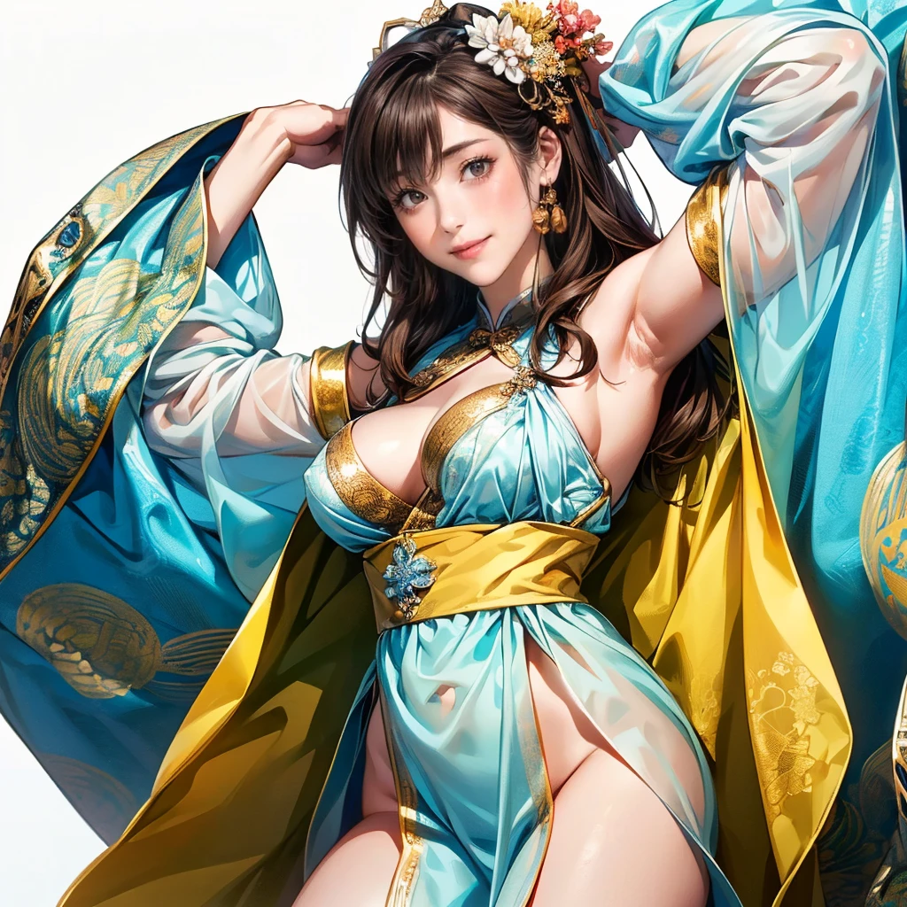 1 girl with coins gold , thick body, curvy body, curvy waist, big breast, white skin, gorgeous costumes embroidered with intricate embroidery, exposed breasts, flowing tulle, transparent long colorful ribbons tied on the arms, inspired by cinderella, showing navel, bare shoulders, bare neck, hair in a high bun with flower hairpins, ribbons on arm rings, wreaths, bracelets, anklets, high heels, metal chain tassels on the waist, Mogao Grottoes art, ink painting, cgstation pop, in the night market, ((fullbody)), ((super realistic)) . 34D tits size. it was showing cleavage. good hands.