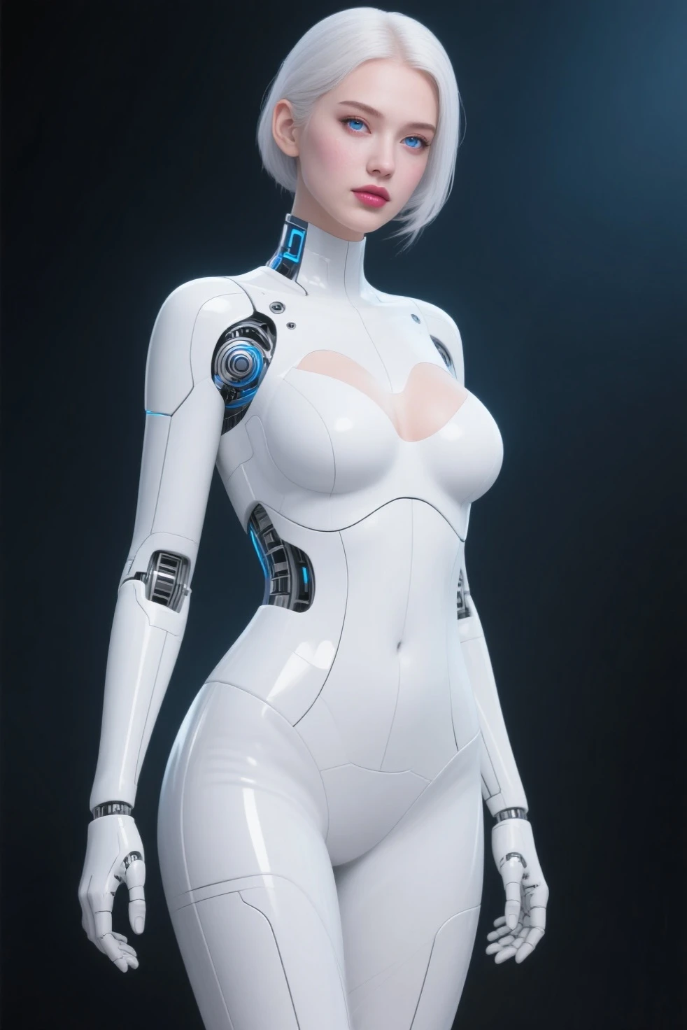 {{best quality, 1080P, Masterpiece, Ultra high resolution, photorealistic, ultra realism, Realistic skin texture, Extreme skin detail, dslr, Detailed eyes, Facing the camera, very beautiful face, Concise facial structure, Pale skin, Realistic skin texture, Extreme skin detail, oc render reflection textures, Realistic light and shadow, Single picture, alone, gray hair, The body is slim and balanced., Age 20, Height 170, naked girl, Nude, no underwear, A girl with the body of a mechanical robot., Transparent futuristic black glass mech armor suit, The mechanical cervix is attached to the neck., The robot circuit is stuck in the middle of the back., flat stomach, perfect robot arm, perfect robot legs, full body view, Whole body photo.}}