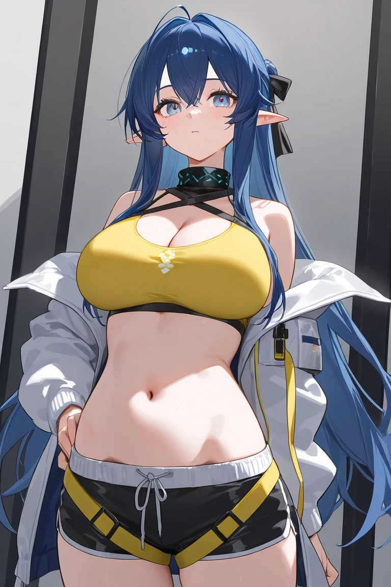 (highest quality、masterpiece、High resolution、detailed)、(Shining eyes、detailed美しい顔)、(1 girl in kimono)、a futuristic female warrior holding a katana, (delicate skin), pale skin, (in a deep neckline highly detailed sexy futuristic cyberpunk black crop top and underpants made of circuit boards, Japanese words with flare effect, beautiful magnificent composition, futuristic, masterpiece, disgusted face expression, attractive, pose for a photo、(beautiful anime)、dynamic angle
