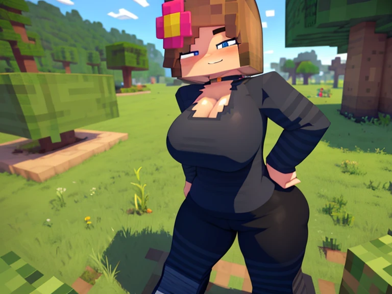 1girl, solo, jenny, hair ornament, smile, hoodie, minecraft forest and gras bbackground, no pants, bottomless, looking at viewer, square body, pussy, able to see ass from the front, hands on hips, upper body, big ass, big breasts, thick thighs, wide hips, cleavage,