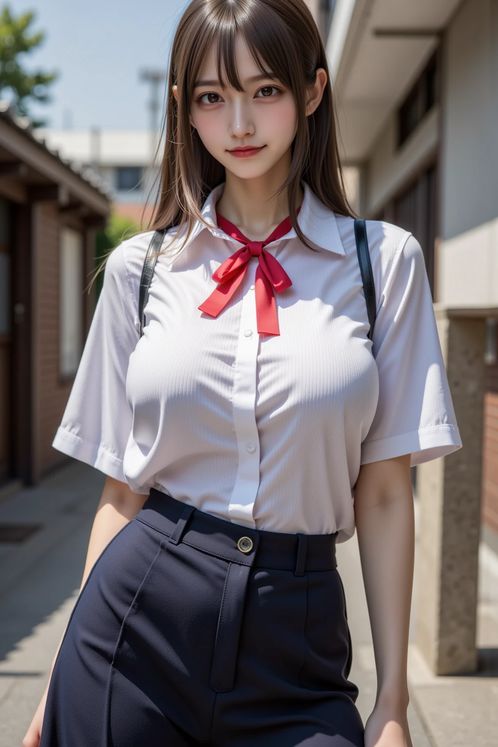 (((round face))), ((blush, drooping eyes)), ((stylish glasses, eccentric pose, showing off her a bit pubic hair and genitals)), young woman, white summer shirt, red ribbon, pleated skirt, uniform, school bag, short hair, braid, swollen areolas, in the park, skyscrapers, strong sunlight,