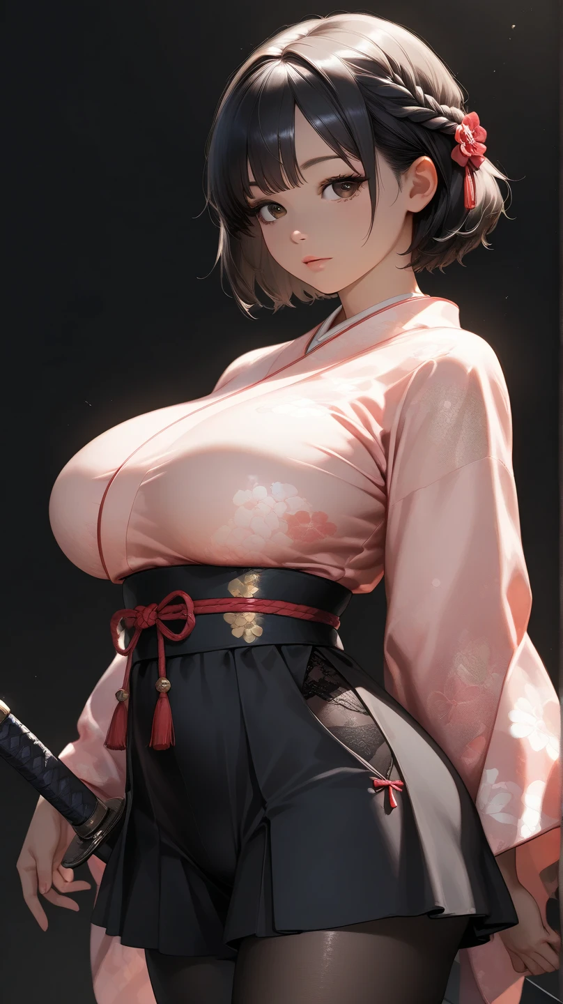 masutepiece, Best Quality、Realistic, ( Intricate details, depth of fields)、Hyper-Realism, 8K, Best Quality, Super Detail, retinas, ighly detailed, Perfect face, Perfect body, Huge breasts, Constriction, Very big ass, Glamour, indirect lighting, hair wavy、Shorthair、prety woman,A dark-haired、goddess of Japan、 the perfect appearance, Smile, Lolita, Oily skin、shinny skin、natural soft light, Anatomically correct((Full Body including thighs))a picture、Skin Texture、mare、traditional Japanese room、Japanese dress、Komono、Lace on the face to hide the expression