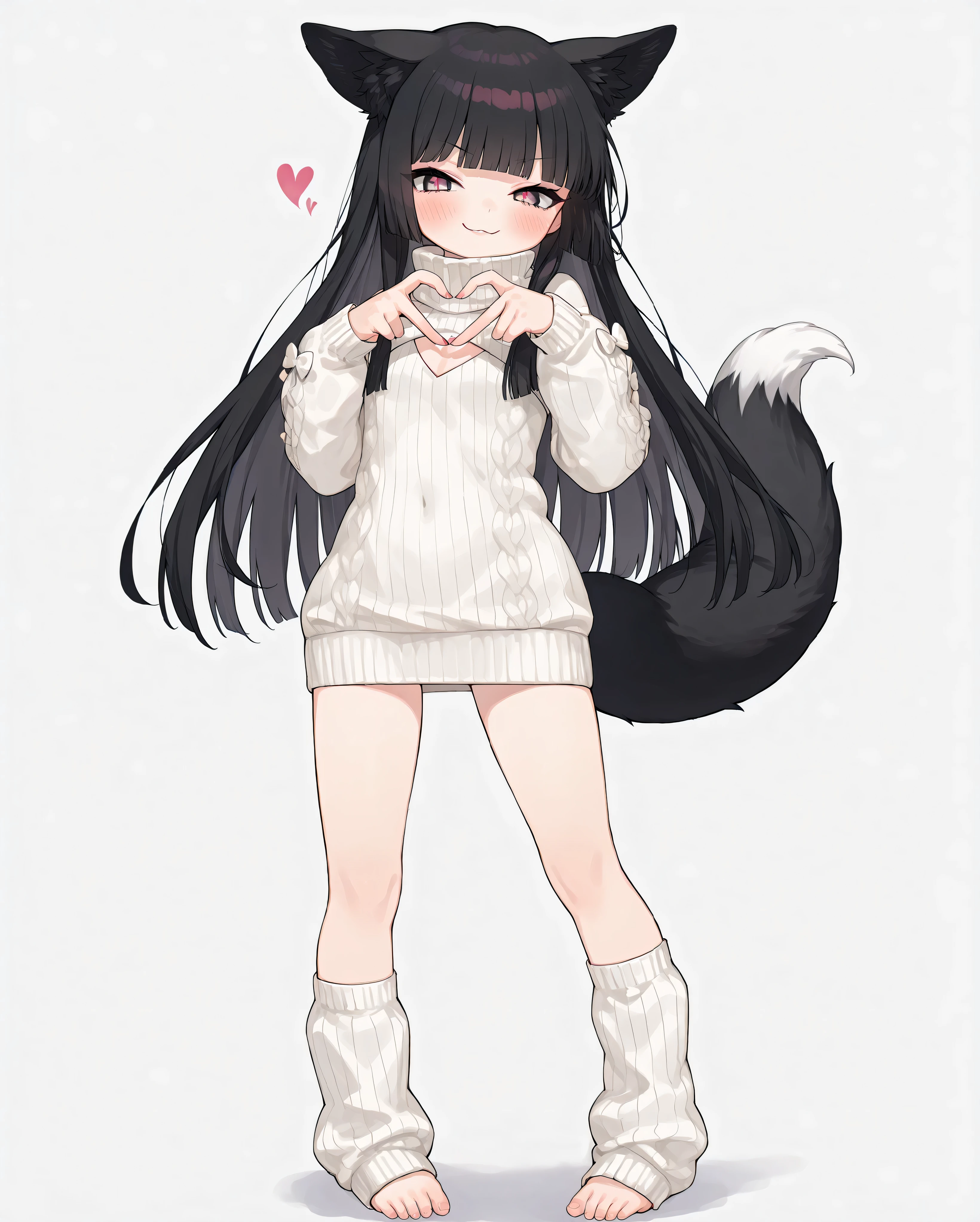 1girl,solo,ren,anime girl,short girl,,Fox Ear,Fox Earをつけたlittle girl,,ren,, lori,,ren10歳, lori girl , Cute Cute Girl,Young girl,flat chest1:9,flat chested,1:9beautiful face,long lashes,hime cut black long hair,princess cut hair,blush,ultra-detailed face,beautiful fine eyes,evil smile,4k,high image quality,high resolution,8K,crisp quality,professional quality,best quality,a masterpiece portrait of a woman with ultra detailed features, in 8K resolution, with crisp quality and vibrant colors,:3,;3,full body,virgin killer sweater, (sweater dress:1.2), ribbed sweater,cleavage cutout, turtleneck sweater,(white sweater:1.3),(crop top navel,:0.8),,lifted by tail,fashion model posing, standing,making a heart with fingers,Finger Heart Hands,Heart Finger,pigeon toed1:3,