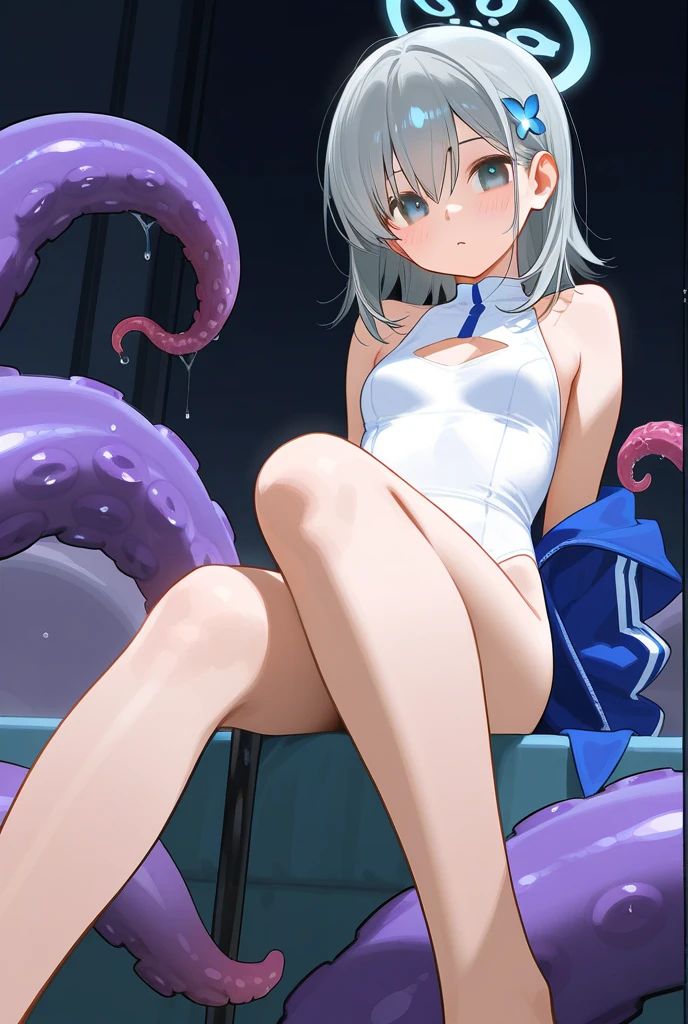 White-haired 、short hair、Squint your eyes、blush、beret、cute私服、(R18、Porn Image)、(Showing pussy)、Leg spread、barefoot、Small breasts、Sensitive、cute、Main house、Grit your teeth、(tentacle rape)、(Heterochromia of red and blue iris)、