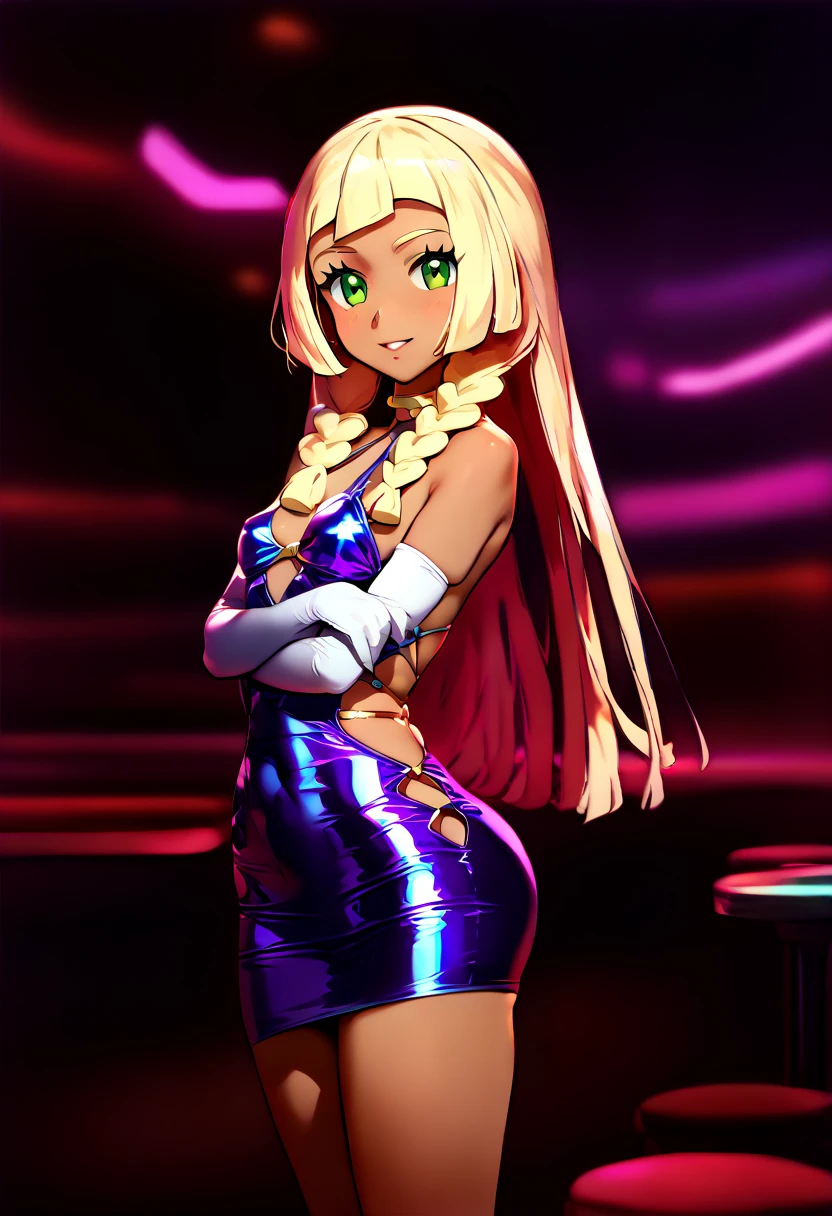 ((the best画質、the best、1 girl、Draw in detail、Accurate physical depiction))、Kanbee
(blonde、long hair、straight hair、twin tails、decorative headband、black headband)、((light blue eyes、confident look、flat chest、thin、expensive、adult woman))、
Are standing、((smile、smile with your mouth closed、Licking the upper lip、tongueを出す、tongue))
((micro dress, shiny dress, elbow bag, belly button, waist cutout, underwear, micro skirt, thigh height, O-ring, necklace, bracelet, golden, jewelry))、cleavage, detailed face, face focus, beautiful eyes, 魅惑的なsmile、embarrassing, cowboy shot、(night club、pink light)