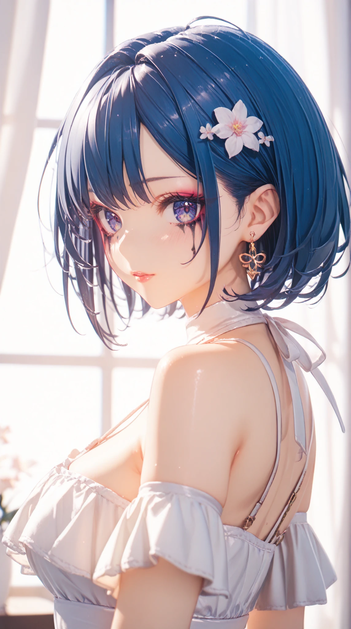 beautiful girl, Navy Blue Hair, Blue eyes, White underwear、White lace、Big Breasts、super close range、Blue Necklace、Blue earrings、head band、short hair