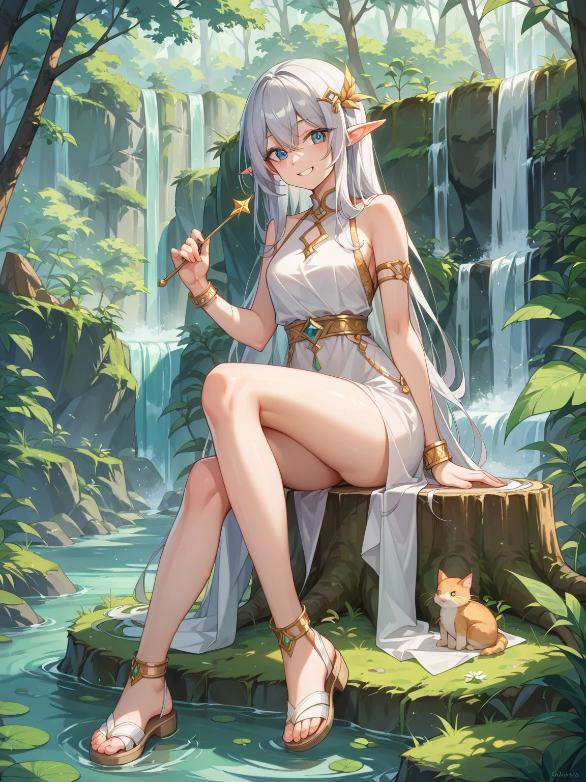 woods, Nature, Beautiful nature, medieval city background, smile, Smiling, solo, 1girl, soft smile, slender figure, slim, skinny, short height, Sexy, Beautiful composition, the trees, beatiful face, handsome body (Body Full 1.1.), Beautiful figure, in full height (Body Full 1.1.), closed mouth, Digital Art, sexypose, beautiful breasts, Medium-sized breasts, High Elf Knight(Body Full 1.1) elf, (Dark Blue eyes:1.5), white hair, long hair, braid on hair, silver hair, Knight, Beautiful figure, beautiful breasts, (Fullness of the body.1,1) silver hair, Hair between the eyes, hairlong, long hair, straight hair, pointed ears, long ears, side locks, bangs, Asymmetrical Clothing, cloak, elf, (Masterpiece:1.2), Best Quality, High Resolution, Unity 8k Wallpaper, (illustration:0.8), (beautiful detail eyes:1.6), extremely detailed face, perfect lighting, extremely detailed CGI, (perfect arms, perfect anatomy), epic composition, sundress, white dress, flowers in hands, hair braid on head, braid, tress, tress on head, golden spear sheathed on her back diagonally, looking at viewer, cleavage, necklace, sitting, legs spread