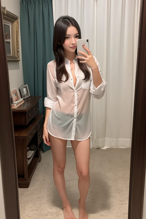 ((Best quality, 8k, Masterpiece: 1.3)), Sharp focus: 1.2, A beautiful woman with perfect body: 1.4, Slim abdomen: 1.2, ((Layered haircut, Large breasts: 1.2)), (no bra) (Small and beautiful hard nipple) (Thin and damp button up to shirt length: 1.1), (White shirt wet by rain), (Rain, Street: 1.2), Wet body: 1.1, Highly detailed face and skin texture, Detailed eyes, Double eyelid, tanned skin, sexy, tan
