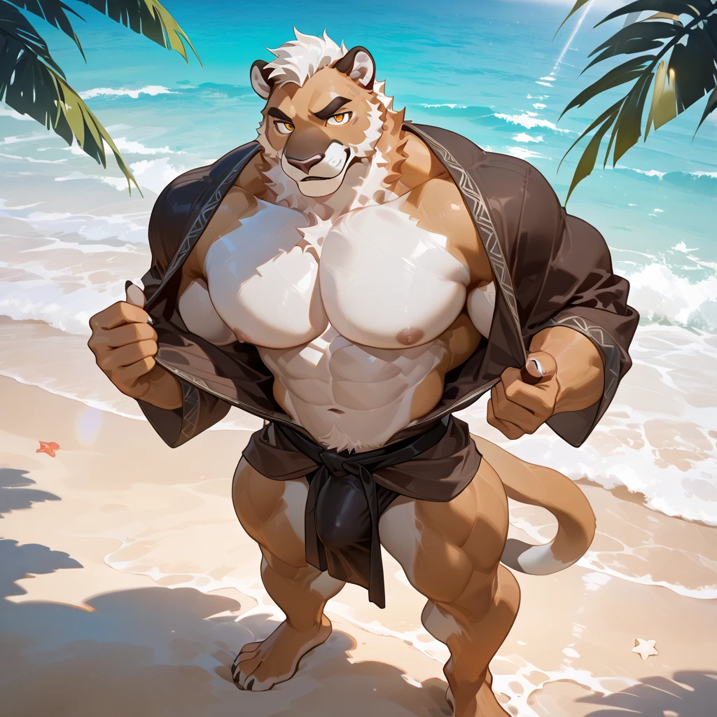 1 boy, solo, there is a red tiger in a underwear, anthropology, red tiger, hairy, red and white fur, korean muscle boy 2 1 years old, shirtless, the super hot and sexy, the extremely hot and sexy, robust stocky body, 30 year old man :: athletic, beach, stand, look a side, full body, i-cream, licking i-cream