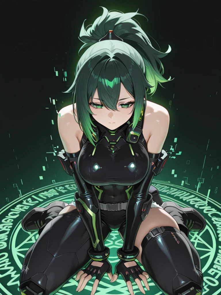 Pure sky,mechanical leg,Black mechanical legs,Plump legs,Green gem setting,Anime girl standing gracefully on the ground,Black cape and green hair, rogue anime girl, Anime girl standing, Wearing a cloak on the blasted plain, asuka suit under clothes!, Cyborg girl, badass posture, mechanic punk outfit, anime styled 3d, render of a cute 3d anime girl, gapmoe yandere grimdark, Female character,musculature,Abs,Glowing green eyes,Black hair with green gradient,short detailed hair,Bunched hair,Dull hair,(Muscle 2.0),Tomboyish,Be red in the face,looking at viewert,Elaborate Eyes,Black mechanical legs,huge tit,1.5,ssmile,Openwork black silk,Straight big breasts,strappy,Black openwork hot pants,White bandeau,Toothless smile,Lower breast,Mechanical wind,There are no cities,Side breasts,Excitation,Top crotch,Sexy lower abdomen,Camel toes,Sexy underarms,ultra gigantic tits,Raised his hand,Tie your hair backhanded,cropped shoulders