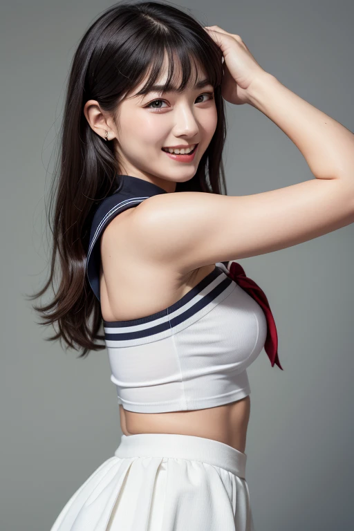Cute little girl s,(Lori,sixteen years old,150cm), (Lori,white one-piece swimsuit with ruffles,), Very small breasts,Long,bangss,Stand in the ring of professional wrestling,extremely detailed face and skin, Detailed eyes, Double eyelids,knee high socks,Lace gloves,Grinning smile, Slim body, Slender girl, Slim thighs,small  hip,Pose with hands on hips,fight in professional wrestling,shairband