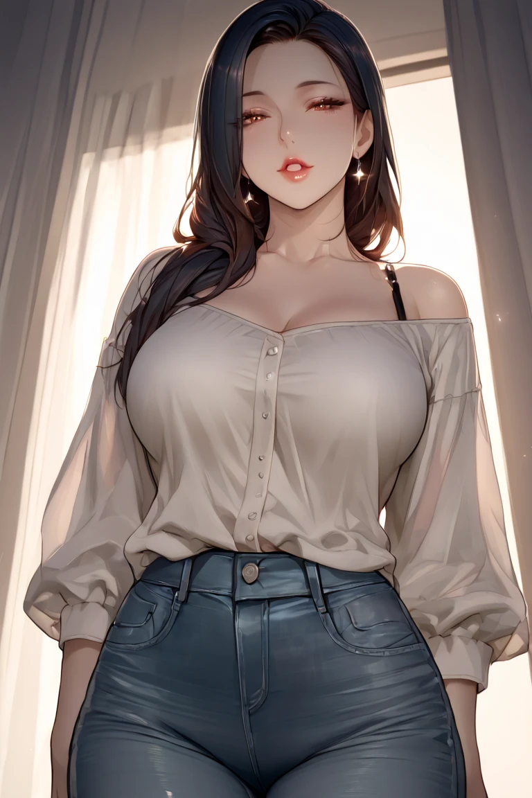 Hot sexy beautiful milf mom, cleavage,off shoulder crop top, stocking,skirt,slender body,ring earrings,ear piercings,lips piercings,black blunt hair,black eyes,white sun glasses on head