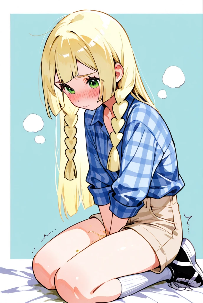 nsfw,,1 person,Sweat,White Breath,solo,Pokémon,Lillie,パンツVoyeur,In town,Voyeur,Legs spread in M shape,Futanari, in pants