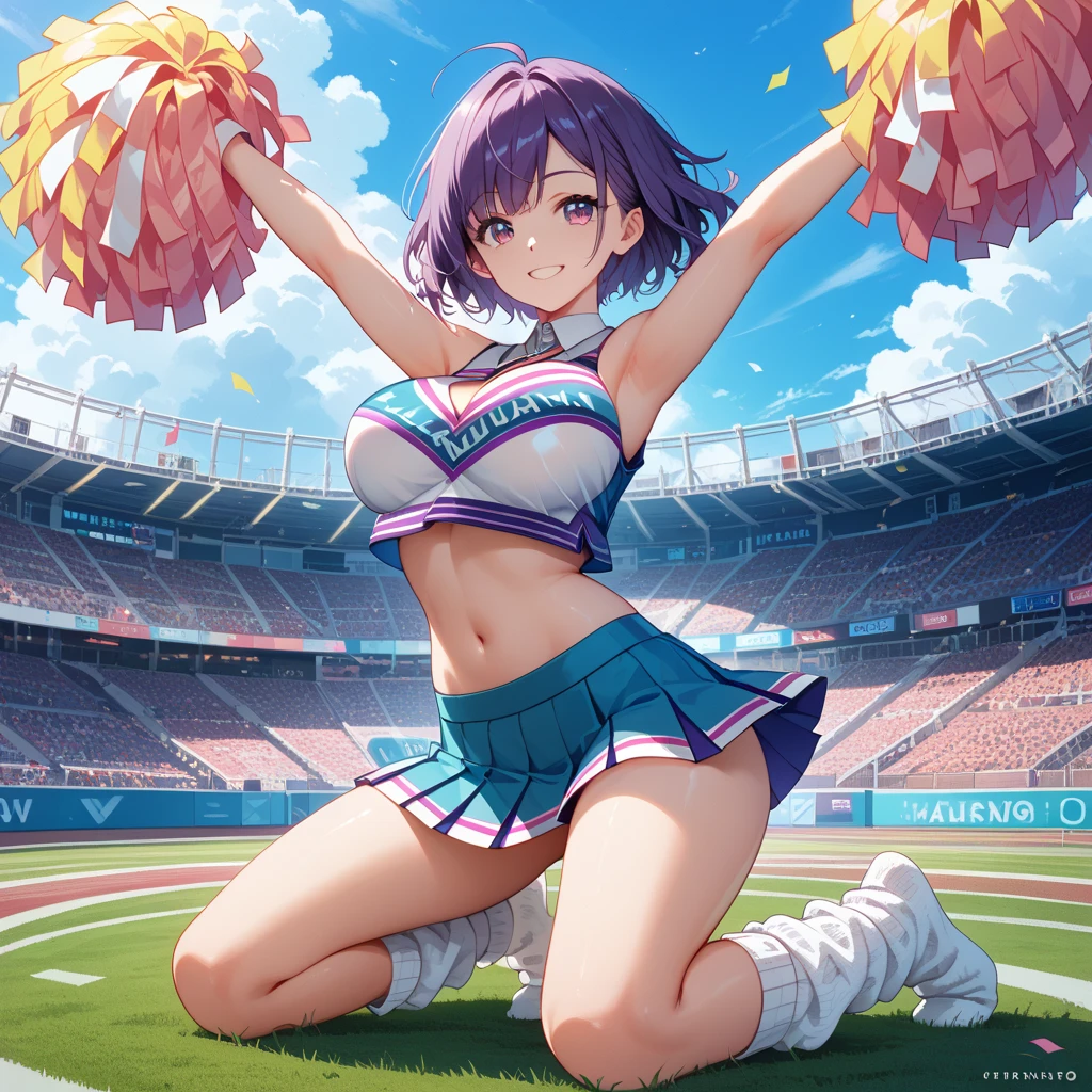 yuukikonno, yuuki konno, hair band, Long Hair, Pointed Ears, Purple Hair, (Red eyes:1.5), (Small breasts:1.2), Open your mouth wide,(Very delicate eyes), (cheer leading), (whole body),smile,blush,Lower, (Sweaty), Sweaty Wet Clothes, (Purple clothes), Pleated skirt,Black socks,sneakers,Belly-baring support, playground, (Jump), (Jump), 足を曲げてJumpする, air, blue sky, Grass原, smile,Cheerleader, Pom-pom \(cheer leading\), Grass, smile,
break looking at viewer, whole body,(Cowboy Shot:1. 5) ,
break outdoors, Stadium,crowd, people々々,
break (masterpiece:1.2), Highest quality, High resolution, unity 8k wallpaper, (figure:0.8), (Beautiful attention to detail:1.6), Highly detailed face, Perfect lighting, Highly detailed CG, (Perfect hands, Perfect Anatomy),