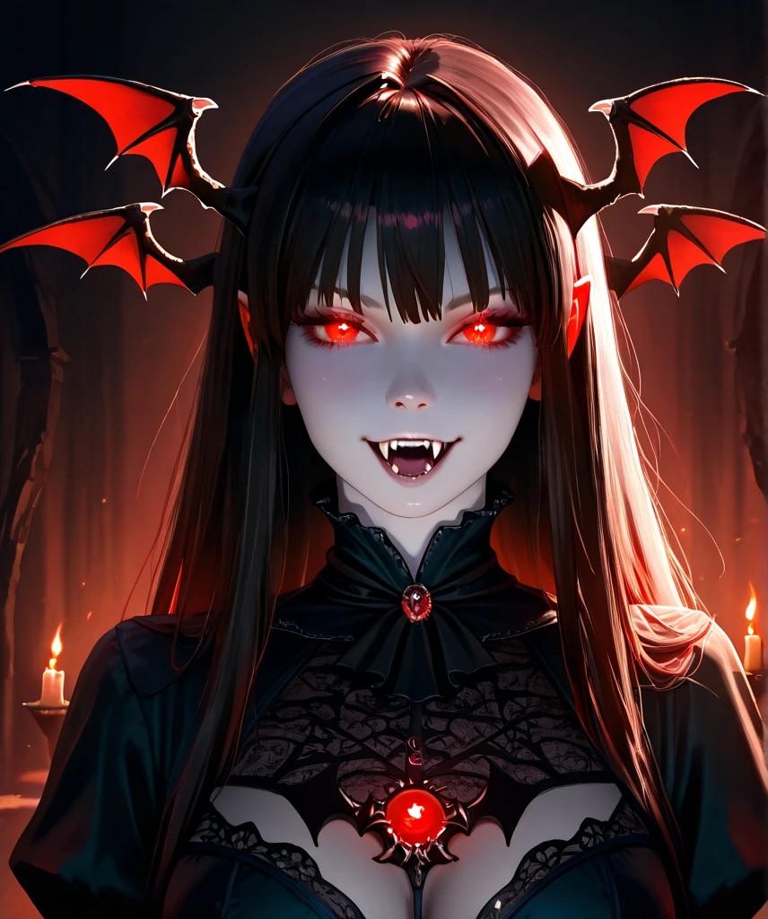 His chest was covered in blood、Anime girl with blood dripping from her chest, Gothic girl anime girl, gapmoe Yandere grimdark, Devil anime girl, Shatia Bradfren, Bad guy anime 8k, Yandere intricate, portrait gapmoe Yandere grimdark, Vampire Girl, bloody + Concept Art, Yandere, Anime style 4k, Detailed digital anime art,Devil Wings,Bat Wings,Splashed blood,Red Moon