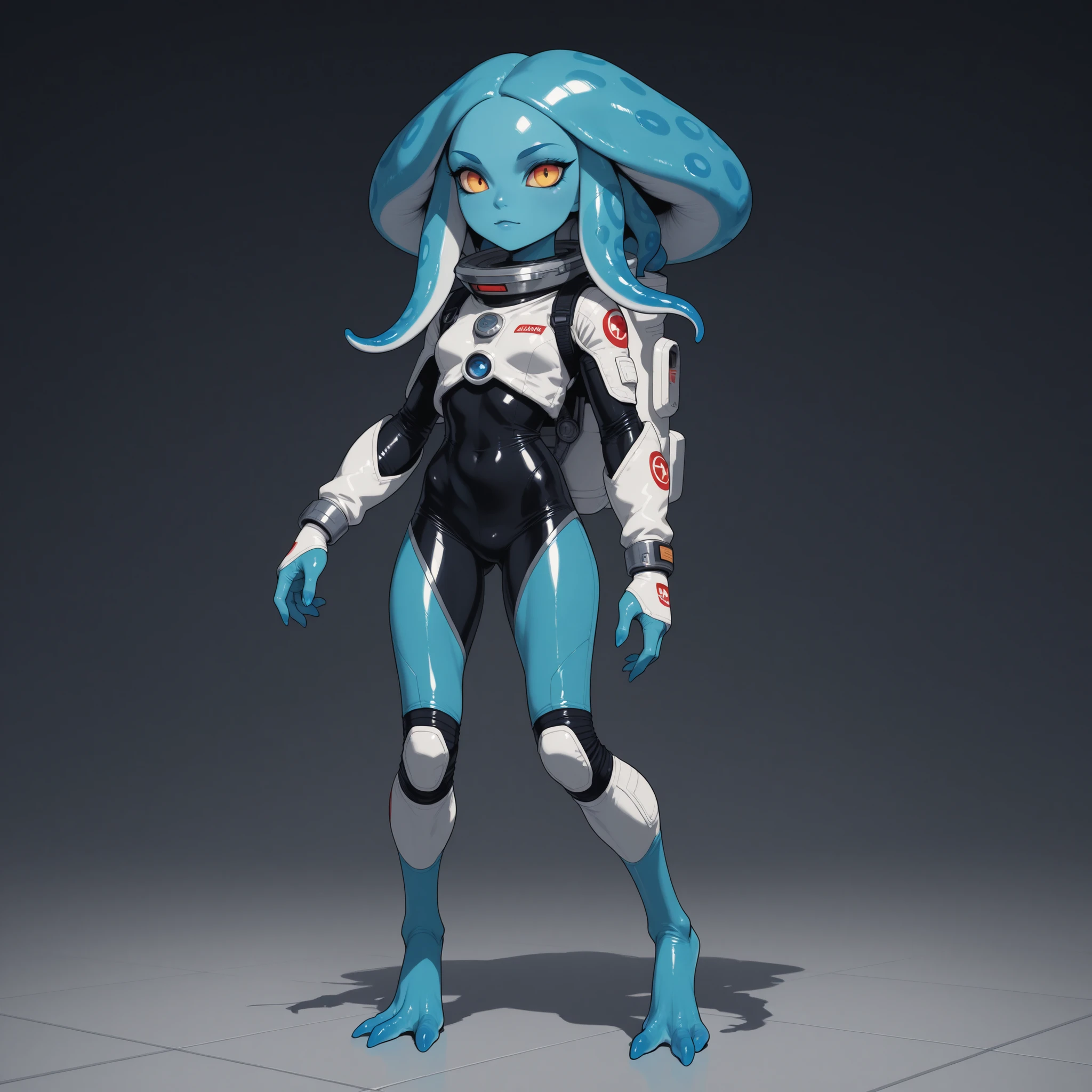 Full body alien woman with blue skin, big head, no ears, tentacle hair, recurved legs, in spandex spacesuit, spaceship laboratory
