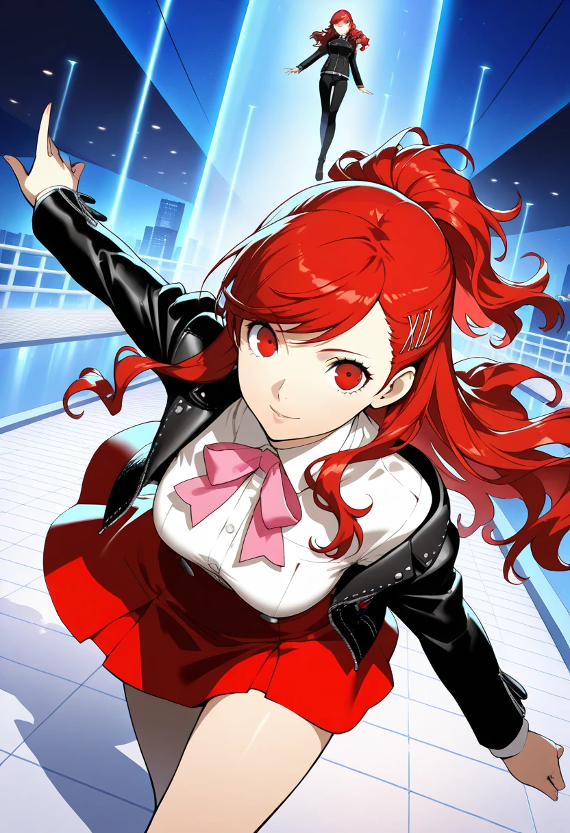 Solo, Sumire Yoshizawa (from persona 5, 1female, white skin, Japanese, red eyes, long red hair with bangs and ponytail, small breasts, glasses), anime), ((ecchi, lewd)) sunny day, photo from behind, (masterpiece, best quality, 8k, sharp focus, depth of field, best shadows, perfect lights, HDR, realistic skin texture, hyper detailed background), tight wet white t-shirt, panties, sunny day, happy, japan, city lake