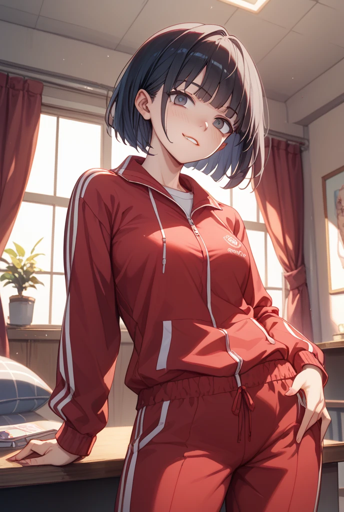 ((masterpiece)), ((best quality)), (ultra-detailed), anime style, on the bed, a cute girl, 1girl, solo, gym shorts00, ((beautiful eyes)), smile