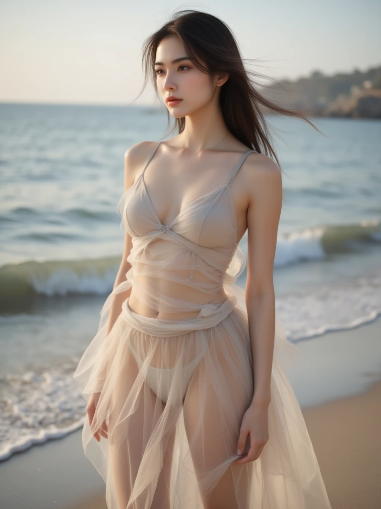 a Vietnamese girl dressed in extremely fragile transparent silk, piercing, walking on the sand at a beach, Vietnam, She looked extremely y, lus, lewdnesrotic, ((nnopanty)), 32k rest, nsfw:1.8