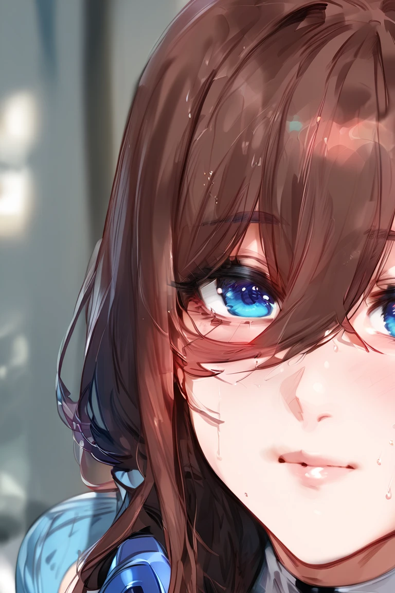 masterpiece, absurdres, best quality, ultra detailed, high Resolution, detailed illustration, bright colour, (extremely beautiful detailed face and eyes, Delicate beautiful face, 1 girl, cute face:1.3), (magenta eyes:1.1), sparkling eyes, big eyes, big breasts, (perky breasts:1.1), (pointy breasts:1.1), medium hips, glamorous body, white skin, BREAK, (blonde hair:0.8), messy hair, detailed hair, shiny hair, BREAK (down blouse, Tennis uniform:1.3), perfect lighting, (embarrassed:1.3), (ecstasy, vulgarity:1.5), (trembling:0.8), Tennis match,