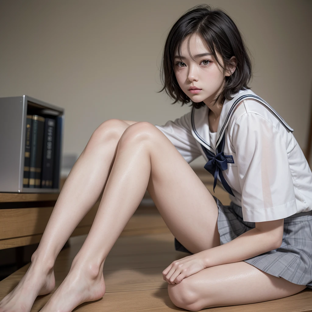 score_9, score_8_up, score_7_up, best quality, masterpiece, source_anime, [photo, irl, real, realistic, ultrarealistic, photorealistic, natural skin, detailed skin:0.5]
a (skinny loli:1.8) girl with (bob_cut swept_bangs brown_hair:1.0) friendly seductive look and smile at viewer. [:(half-closed_eyes:1.5):0.2],
sitting, (knees up:1.5), side_view, low-angle_view, 
wearing navy buruma and short sleeve (white gym uniform with colored hem:1.0) and carrying (randoseru backpack:1.2) 