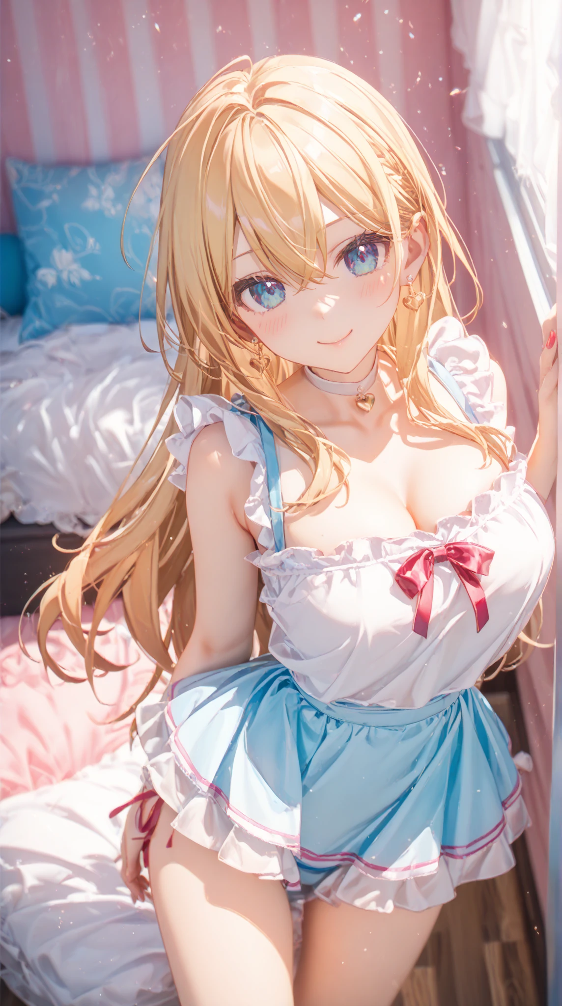 High resolution, ((Highest quality)), (Very detailed),Cinematic lighting、 (beautiful), ((Detailed hotel large bed top:1.3)), alone,(10 years old:1.3)、Cute face、Fine grain、(Glossy lips:1.3),Slender figure、(Narrow waist:1.4)、(alice in wonderland costume:1.4),Anatomically correct、Off-the-shoulder dress、Wide open chest、Thighs、White and clear skin、Blue ribbon on head、Shiny pale colorful blonde long hair,Face of joy、White lace panties are visible、(Spreading her legs:1.5)、