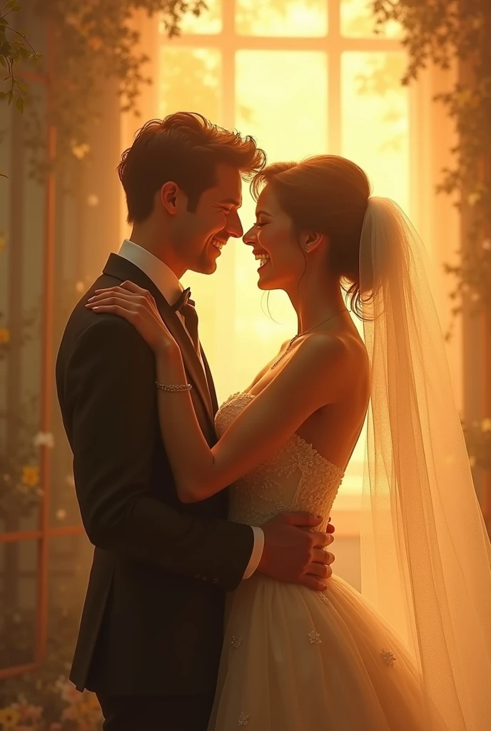 A beautiful sunset over the sea, capturing the love and happiness between a couple in their 30s as they gaze into each other's eyes during their wedding ceremony. The camera focuses on the couple standing on the left side."