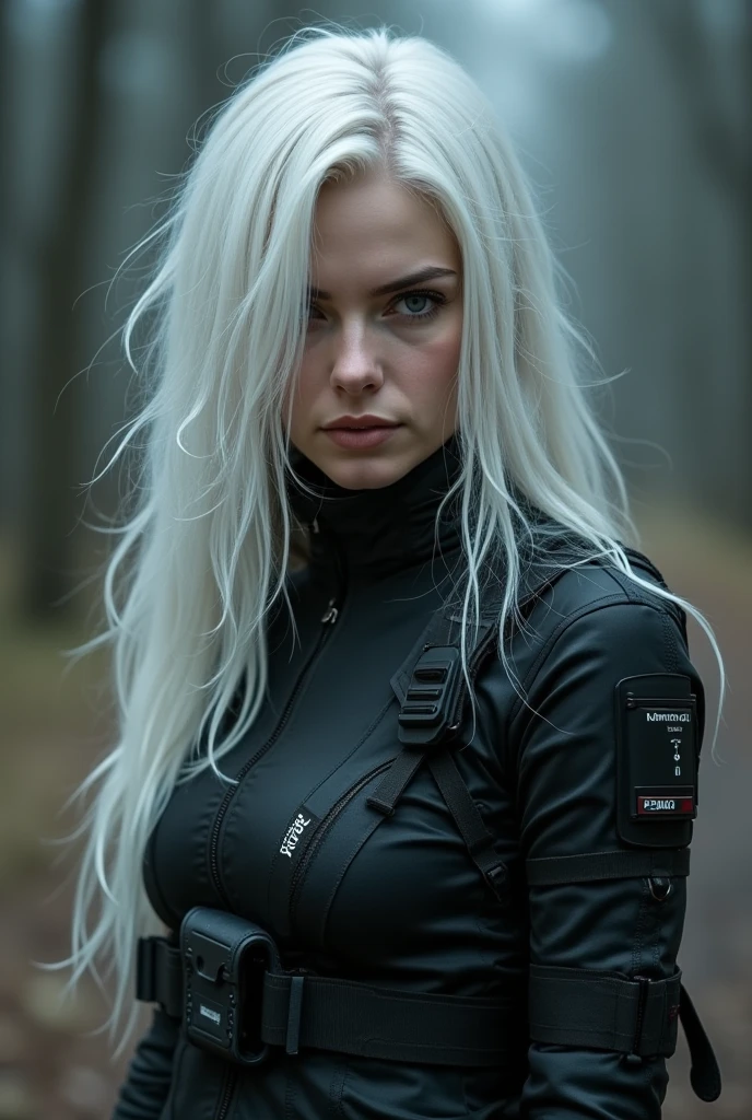 Make a woman with long, messy white hair, wearing black hunter's clothing and a red badge.