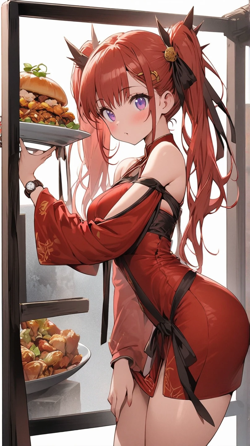 young girl, Long red hair, Two beams, blue eyes, Chinese sleeveless dress, Shorts, A tray of food, Masterpiece, hiquality