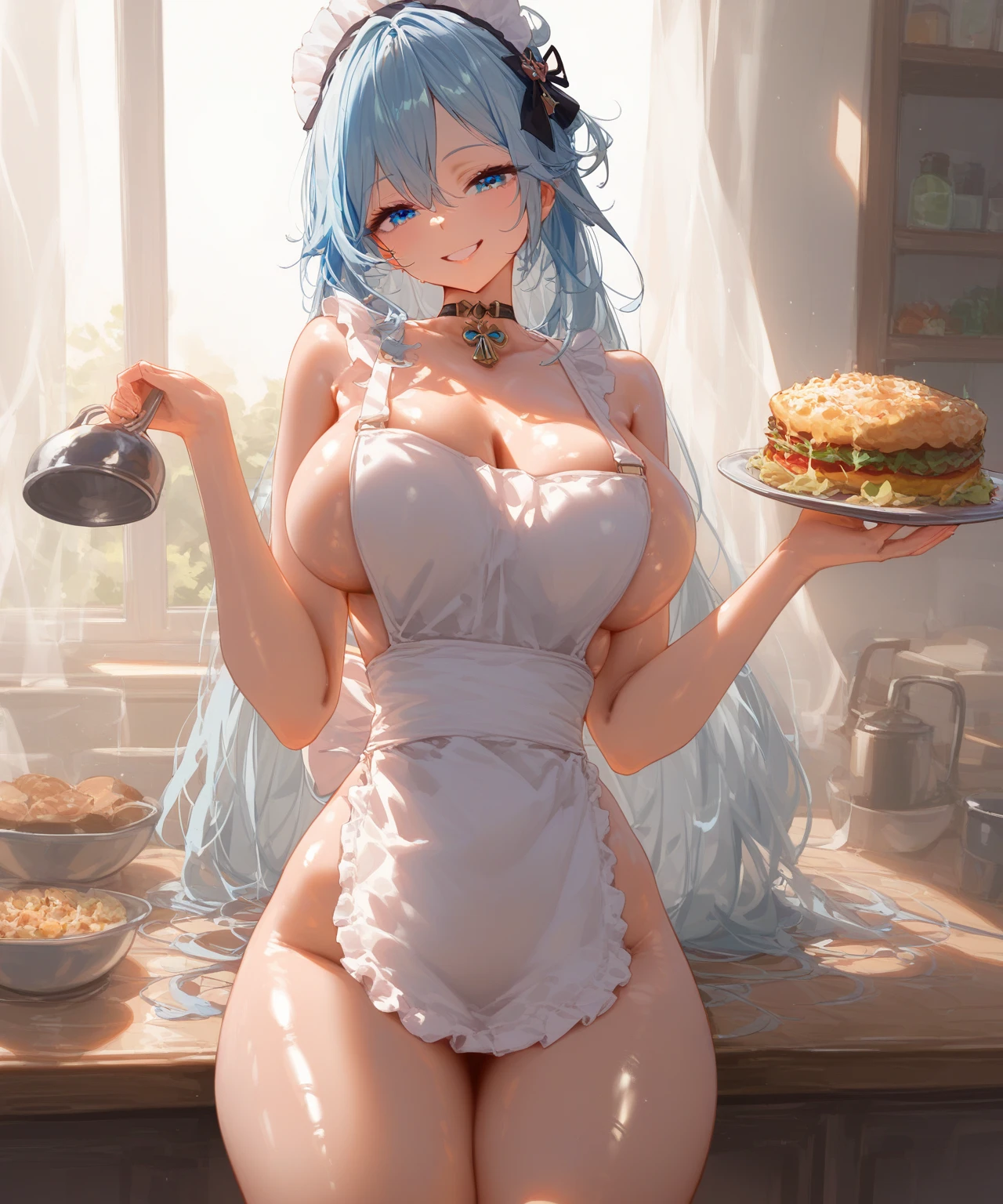 lighting like a movie、top-quality、Slender Line、(Light blue bikini with white ruffles)、s ass、Party Venue、holding a glass of juice in one hand、A smile、You can see the night view from the window、A lot of dishes on the table、Turned、nice butt、perfect buttocks、