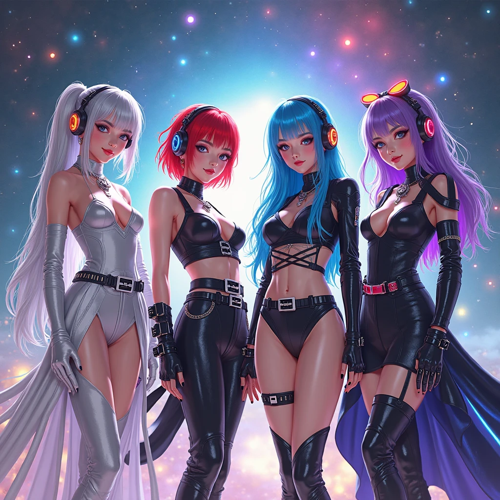 a beautiful female, 2 girls, rainbow color, cat ears, rainbow hair, stylish hair, mechanical wings, fantasy, jungle, nature, wildernes, beach, palmtreas, fruit, lens flare, ancient ruins, closeup, no pants, machine, cars, street, neon signs, planets, no clothes, nudist, neon green hair, space buns, giant tentacles touching,X-rays and extreme ultraviolet radiation emitted by solar flares are absorbed by the daylight side of Earth's atmosphere and do not reach the Earth's surface. Therefore, solar flares pose no direct danger to humans on Earth. However, this absorption of high-energy electromagnetic radiation can temporarily increase the ionization of the upper atmosphere, which can interfere with short-wave radio communication, and can temporarily heat and expand the Earth's outer atmosphere. This expansion can increase drag on satellites in low Earth orbit, which can lead to orbital decay over time. rainbow hair, fractal galaxy sky, busy scene, amazing, with cute face and long hair, cyberpunk city, mega robots, high technology, city, very detailed, no clothes, Ethereal Cyberverse, Extreme abs, Cybernetic Frequential Fusion,nudist,