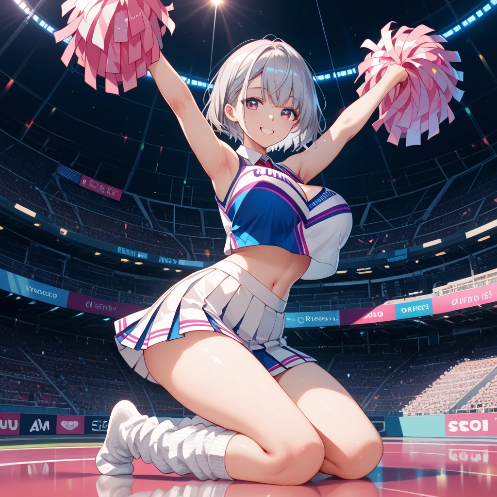 raise one leg、panty shot、cheerleader beauty、silver hair upstyle、((whole body))、(((photo taken from below)))、baseball Ground