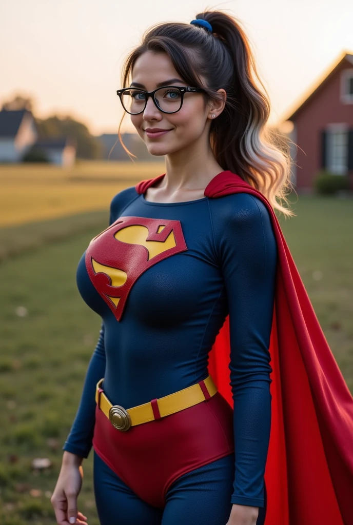 portrait 3lba_n0texist spectacles in a blue superhero costume on a rooftop looking at the camera, cinematic angle, Bokeh effect, dynamic lighting, photorealistic, high detail