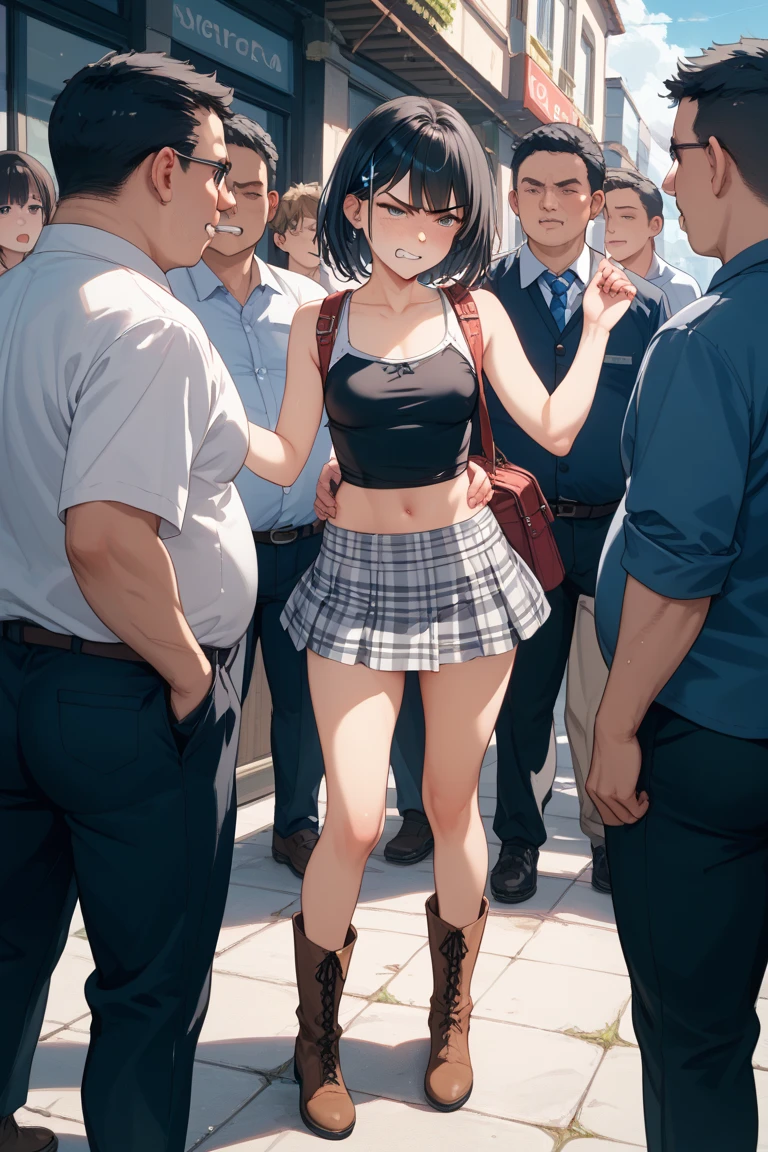 A 37-year-old female teacher in a suit、14 year old girl wearing sailor uniform、自分でPeeをしている、Frightened expression、crowd、Pee、Half naked、Nippleain Street、Fistfight brawl