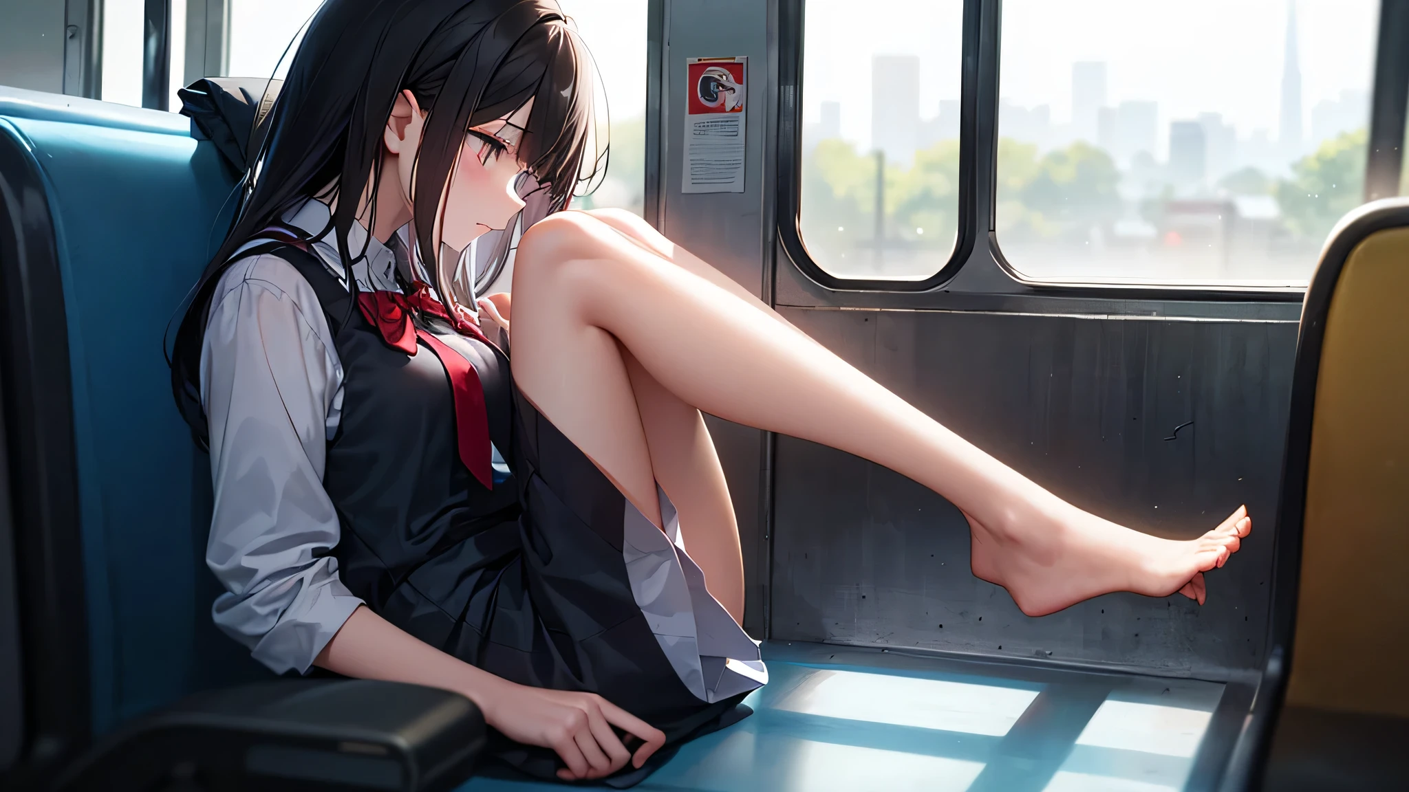 "(masterpiece, High resolution, Ultra High resolution, 4k) black hair, 14 year old japanese girl, uniform skirt, emphasize the thighs, white thighs, soft thighs, gorgeous thighs, sitting on the train, facing angle, (angle from below),sitting on a train seat,Sitting in front,crotch zoom camera,put your feet on the floor of the train,whole body,Looking down and sleepy,only looking at the viewer", highest quality, 超High resolution, (realistic:1.4),, High resolution, be familiar with, Raw photo, Shapuri, Nikon D850 Film Stock Photo by Lee Jefferies 4 Kodak Portra 400 Camera F1.6 lens rich colors hyper realistic lively textures dramatic lighting unreal engine artstation trends cinestir 800,