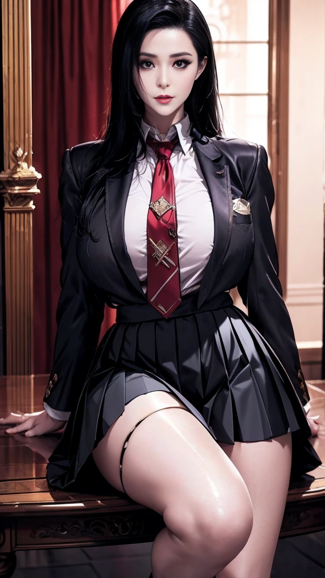 Jabami Yumeko, Kakegurui, masterpiece, best quality, highres, hmjy1, long hair, blunt bangs, , red jacket, black pantyhose, white shirt, black ribbon, pleated skirt, long sleeves, cowboy shot, glowing eyes, blush, evil smile, sitting, classroom, dark background, crossed legs,