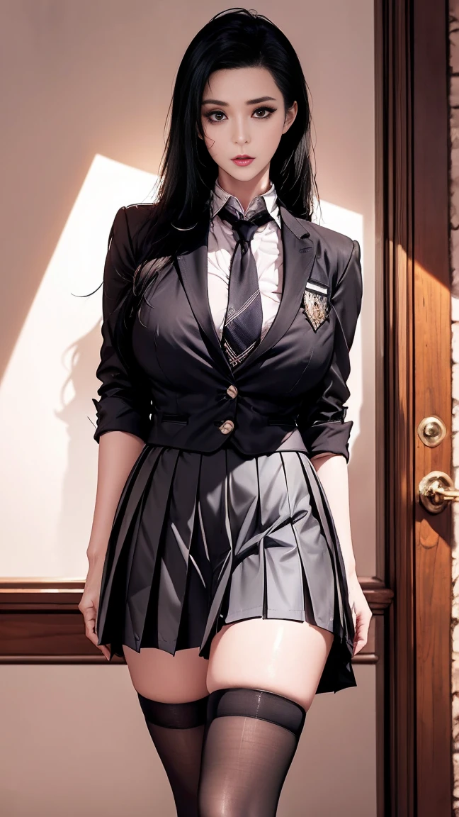 ((Best Quality)), ((masutepiece)), (Detailed), (highlight), Perfect face Young girl with detailed face showing cleavage、Red eyes and long, thick, glossy, beautiful black hair with blunt bangs、Single-color background、Standing wearing school uniform with blazer and miniskirt、