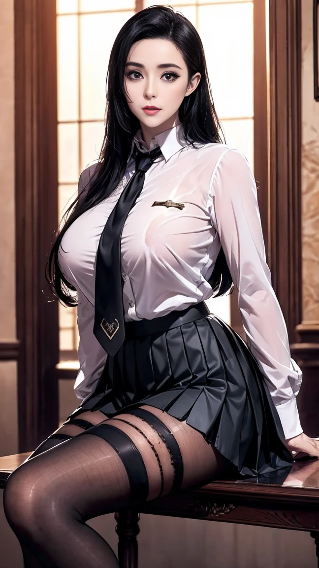 ((Correct Anatomy)),((Spread your legs wide)),((suit)),((((Black Pantyhose)))),((Panties)),((A shy smile)),((black tights)),((Beautiful feet)),((White blouse)),((Black Stockings)),((Pleated mini skirt)),((Sit on a chair)),Ultra-high resolution,Mature Woman, Mature Woman, Very detailed,Extremely fine skin,Beautiful Skin,(Big Breasts),((Beautiful legs)),Perfect hands, Detailed fingers, Beautiful details, ((Long black hair)),((ponytail)),Black choker, Earrings,Luxury,Perfect Eyes, Captivating eyes