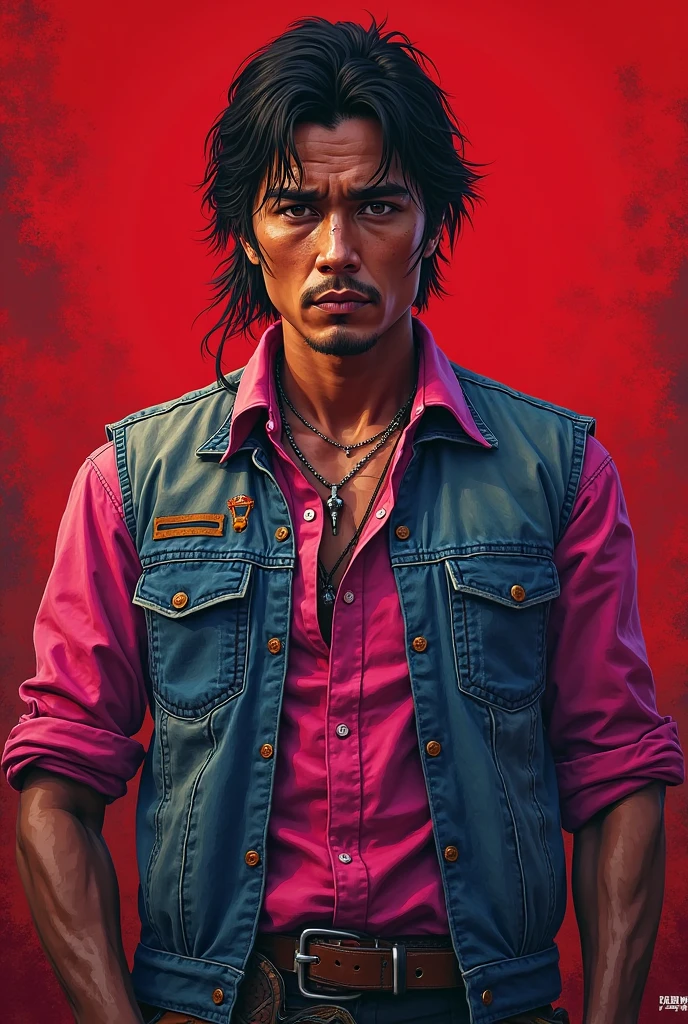 a guy who wears a leather jacket, jeans and a white blouse stained with blood. Hair a bit like Elvis