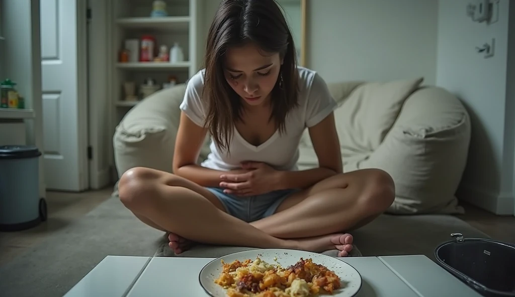 Sad girl sitting in the kitchen, she is crying