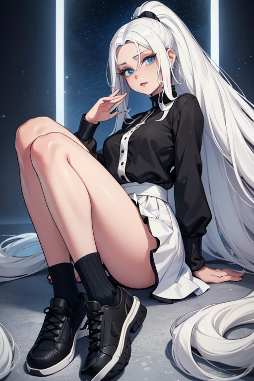 White hair high ponytail girl,Legs arched,Sit on the floor,Head on knees