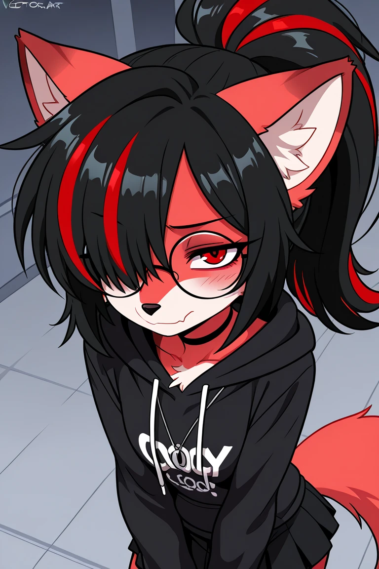 Furred dragon [black fur], 1 girl, undersized black hoodie, undersized black shorts, massive breasts, black body fur, black ears, red glowing eyes, Shadow Katana, dark area, dark aura, smiling, looking at you, blushing, perfect body