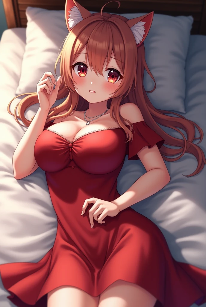 Masterpiece, Best Quality, highres, 1Girl, Solo, red hair, long wavy hair, red Eyes, Upper body only, fantasy bed background, Fantasy pajama Clothing, red clothes, lying on bed, pregnant, face blush