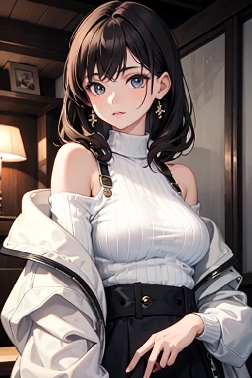 beautiful girl、Office Casual Fashion、black Sleeveless high neck knit、Delicate embroidery、Tight skirt style、slender、Model Body Type、Ideal Style、 Slim and cute、No buttons、Put on a bolero、One off-the-shoulder brown cardigan、skirt